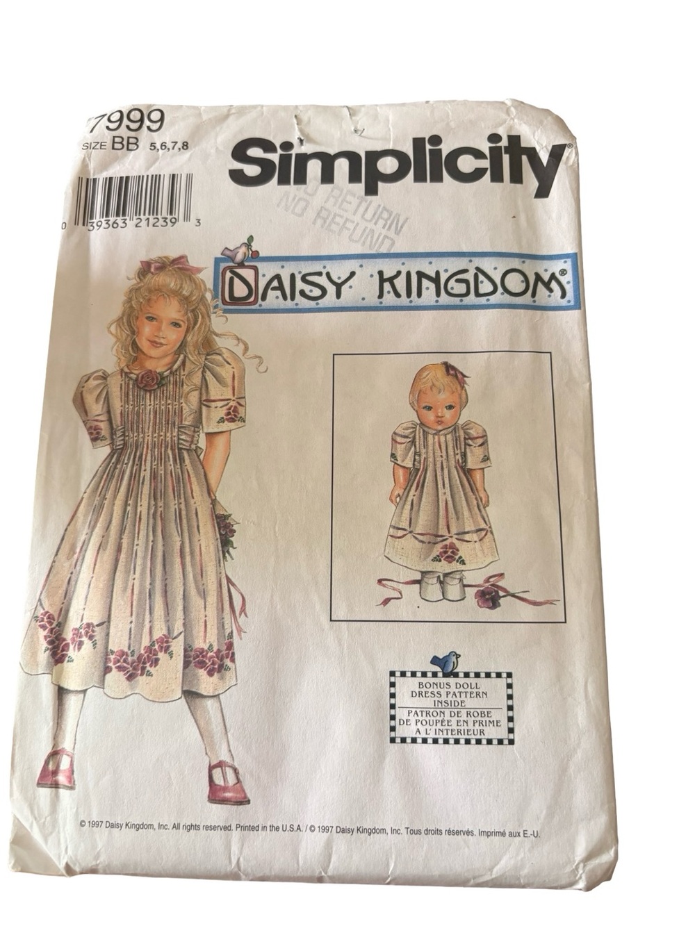 Vintage Simplicity 7999 Daisy Kingdom Girls Dress & 18” doll dress sew pattern